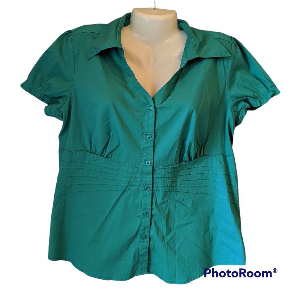 Alfani Teal V Neck Collared Button Down Ruffled Short Sleeve Blouse 16